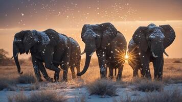 Elephants walking through a snowy landscape at sunset, creating a serene and majestic scene. photo
