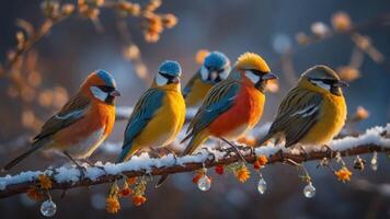 A colorful group of birds perched on a snowy branch with flowers. photo
