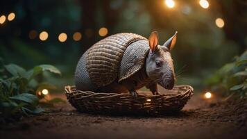 A whimsical armadillo resting in a woven basket, surrounded by a softly lit natural setting. photo