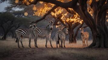 A serene scene of zebras under a glowing tree, creating a magical atmosphere. photo
