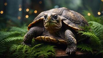 A close-up of a turtle resting among lush ferns in a serene, illuminated environment. photo