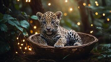 A playful leopard cub rests in a woven basket surrounded by soft, glowing lights. photo