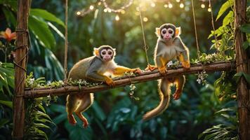 Two monkeys playfully hanging on a bamboo structure in a lush, green environment. photo