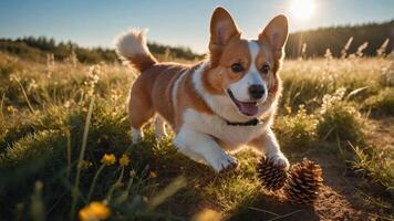 A playful corgi running in a sunny field with pine cones. photo