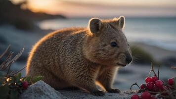 A close-up of a cute animal on a beach at sunset, surrounded by berries. photo