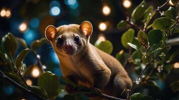A close-up of a curious animal perched on a branch surrounded by soft lights. photo