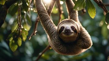 A sloth hanging from a branch, surrounded by lush green foliage. photo
