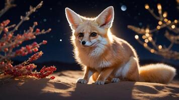 A fennec fox sits in a desert landscape under a starry sky, illuminated softly. photo