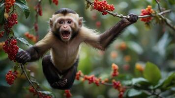 A playful monkey hangs from a branch adorned with vibrant red berries in a lush environment. photo