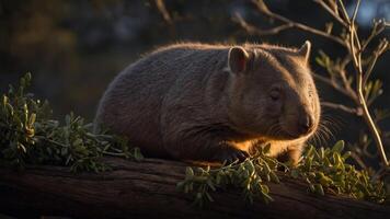 A wombat resting on a log surrounded by greenery in soft, natural light. photo