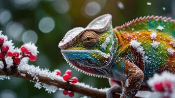 A vibrant chameleon covered in frost on a branch with red berries. photo