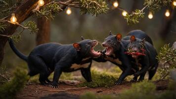 Three Tasmanian devils interacting under string lights in a natural setting. photo