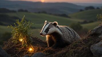 A badger resting in a scenic landscape at sunset, surrounded by greenery and lights. photo