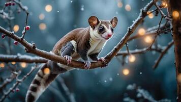 A cute sugar glider perched on a snowy branch with soft glowing lights in the background. photo
