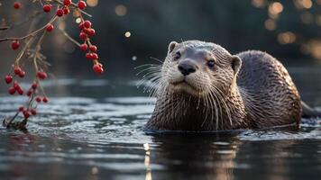 A playful otter emerges from the water, surrounded by nature and vibrant red berries. photo