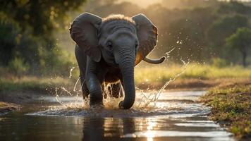 A playful elephant splashes through a stream at sunset, showcasing nature's beauty. photo