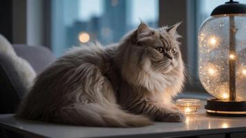 A fluffy cat resting on a table beside a glowing lamp and candle in a cozy setting. photo