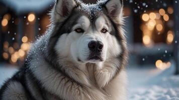 A majestic dog with a thick coat sits in a snowy environment, surrounded by soft, glowing lights. photo