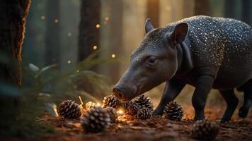 A tapir exploring a forest floor scattered with pinecones, illuminated by soft light. photo