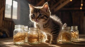 A curious kitten explores a rustic barn surrounded by jars filled with straw. photo