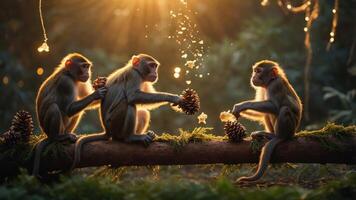 Three monkeys interacting with pine cones in a sunlit forest setting. photo