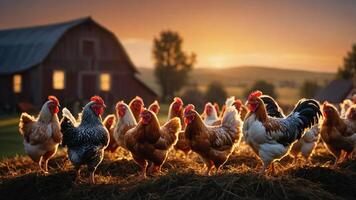 A sunset scene featuring a flock of chickens in a serene farm setting. photo