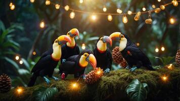 A vibrant scene of toucans gathering around pinecones, illuminated by string lights. photo