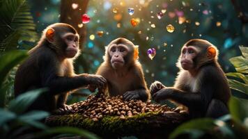 Three monkeys gathered around a pile of peanuts in a vibrant, whimsical jungle setting. photo