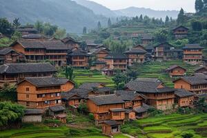 A village in the mountains with wooden houses photo