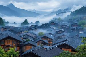 A village in the mountains with fog and mountains photo