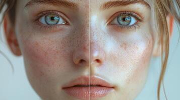 Close-up of a human face with glowing digital grid data points overlayed, symbolizing technology, artificial intelligence, or biometrics. Generative by AI. photo
