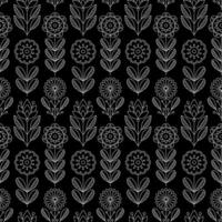 Seamless pattern with flowers in line art style on black background. vector