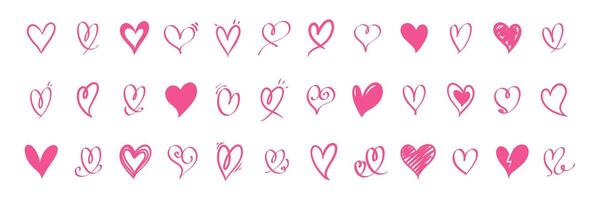 Set of various pink heart in hand drawn style vector