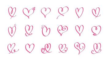 Set of various pink heart illustrations in hand drawn style vector