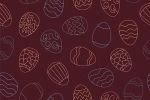 Seamless pattern of linear icons of eggs with ornaments for Easter holidays decoration. Doodle style Easter eggs on mocha mousse background. vector
