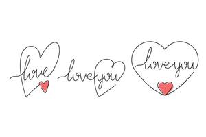 Lettering I love you in heart. One line drawing. Logos and emblems for invitation, greeting card, prints and posters. Wedding day, Valentine's day. vector