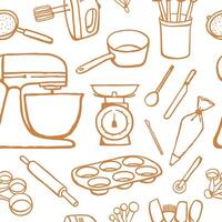 Hand drawn kitchen tools seamless pattern. Different kitchenware monochrome design for textile, cover, wrapping paper vector