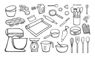 Set of hand drawn various baking tools isolated on white background. Simple illustration of cooking utensils vector