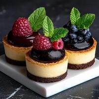 Delicious mini cheesecakes with fresh berries and chocolate ganache. photo