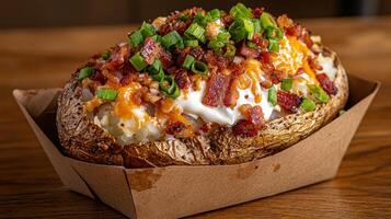 Loaded baked potato with bacon, cheese, and chives. photo