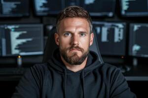 Portrait of a focused software developer working late at night. photo