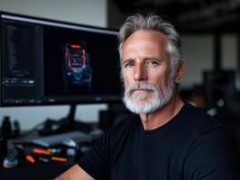 Portrait of a senior software engineer at his computer photo