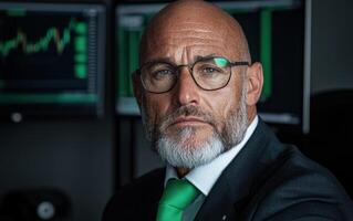 Serious businessman looking at stock market data on computer screens photo