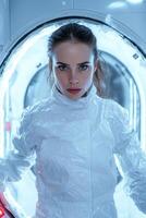 Woman in futuristic white protective suit in a sci fi setting photo