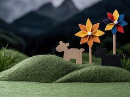 Cute felt animals and windmills on a miniature landscape photo