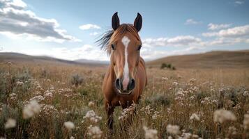Closeup of a brown horse in a field of wildflowers photo