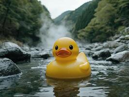 Yellow rubber duck floating in a mountain river photo