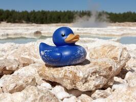 Rubber duck on rocks near a geothermal pool photo