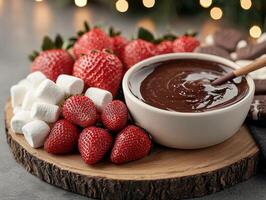 Chocolate fondue with strawberries and marshmallows for a romantic evening photo