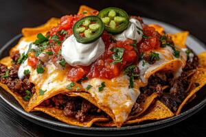 Close up of a plate of delicious nachos with melted cheese, ground beef, jalapenos, sour cream, and salsa photo